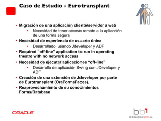Caso de Estudio - Eurotransplant  Migración de una aplicación cliente/servidor a web Necesidad de tener acceso remoto a la apliacción de una forma segura Necesidad de esperiencia de usuarío única Desarrollado  usando Jdeveloper y ADF Required “off-line” application to run in operating theatre with no network access Necesidad de ejecutar aplicaciones “off-line” Desarrollo de aplicación Swing con JDeveloper y ADF Creación de una extensión de Jdeveloper por parte de Eurotransplant (OraFormsFaces).  Reaprovechamiento de su conocimientos Forms/Database 