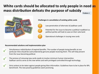 White	
  cards	
  should	
  be	
  allocated	
  to	
  only	
  people	
  in	
  need	
  as	
  
mass	
  distribu<on	
  defeats	
  the	
  purpose	
  of	
  subsidy	
  
Challenges	
  in	
  cancella<on	
  of	
  exis<ng	
  white	
  cards	
  
Low	
  penetra:on	
  of	
  alternate	
  id	
  (aadhaar	
  card)	
  
Poten:al	
  for	
  the	
  issue	
  to	
  become	
  a	
  poli:cal	
  roadblock	
  as	
  
poli:cal	
  par:es	
  will	
  look	
  to	
  save	
  on	
  their	
  vote	
  bank	
  
Opera:onal	
  challenges	
  in	
  issuing	
  new	
  cards	
  
Recommended	
  solu<ons	
  and	
  implementa<on	
  plan	
  
Simultaneous	
  redistribu:on	
  of	
  expired	
  beneﬁts.	
  The	
  number	
  of	
  people	
  losing	
  beneﬁts	
  at	
  one	
  
par:cular	
  :me	
  should	
  be	
  outnumbered	
  by	
  genuine	
  people	
  receiving	
  them.	
  This	
  will	
  help	
  prevent	
  
from	
  the	
  issue	
  becoming	
  poli:cal.	
  	
  
The	
  process	
  of	
  reissuing	
  new	
  cards	
  needs	
  to	
  involve	
  minimum	
  human	
  interven:on.	
  	
  
Aadhaar	
  card	
  to	
  serve	
  as	
  the	
  new	
  white	
  card	
  with	
  privileged	
  controlled	
  through	
  technology.	
  
Strict	
  ac:ons	
  to	
  be	
  taken	
  against	
  people	
  giving	
  false	
  informa:on.	
  Guidelines	
  have	
  to	
  be	
  in	
  place	
  for	
  BPL	
  
benchmark.	
  The	
  new	
  poverty	
  guidelines	
  seem	
  promising.	
  
Problem	
  1	
  
 