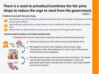 There	
  is	
  a	
  need	
  to	
  priva<ze/incen<vize	
  the	
  fair	
  price	
  
shops	
  to	
  reduce	
  the	
  urge	
  to	
  steal	
  from	
  the	
  government	
  
Problems	
  faced	
  with	
  fair	
  price	
  shops	
  
Recommended	
  solu<ons	
  and	
  implementa<on	
  plan	
  
Fair	
  price	
  shops	
  to	
  buy	
  from	
  Government	
  at	
  the	
  Market	
  Price	
  
	
  
BPL	
  people	
  to	
  present	
  their	
  Aadhaar	
  cards	
  at	
  these	
  shops.	
  
Using	
  the	
  bar	
  code,	
  the	
  shopkeeper	
  to	
  verify	
  status	
  of	
  the	
  person	
  
from	
  the	
  Government	
  database.	
  
	
  
The	
  BPL	
  person	
  to	
  pay	
  a	
  minimal	
  price	
  (set	
  by	
  the	
  Govt.).	
  The	
  dealer	
  
records	
  the	
  transac:on	
  with	
  the	
  Govt.	
  Database.	
  A	
  bill	
  to	
  be	
  
generated	
  with	
  invoice	
  recorded	
  with	
  the	
  Govt.	
  and	
  a	
  copy	
  handed	
  
over	
  to	
  the	
  customer.	
  
	
  
Problem	
  2	
  
Informa:on	
  asymmetry	
  between	
  people	
  and	
  dealers	
  about	
  the	
  quality	
  of	
  food	
  grains	
  and	
  the	
  
arrival	
  cycle	
  of	
  those	
  
High	
  arbitrage	
  opportunity	
  as	
  shop	
  keepers	
  buy	
  at	
  subsidized	
  rates	
  and	
  sell	
  later	
  at	
  market	
  
price	
  
Severe	
  levels	
  of	
  adultera:on	
  to	
  make	
  up	
  for	
  inventory	
  sold	
  through	
  unfair	
  means	
  
	
  
“Priva'zing	
  the	
  Fair	
  price	
  shop	
  system	
  along	
  the	
  business	
  model	
  of	
  petrol	
  pumps”	
  
 