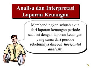 Analisa dan Interpretasi
Analisa dan Interpretasi
  Laporan Keuangan
  Laporan Keuangan
      Membandingkan sebuah akun
       Membandingkan sebuah akun
      dari laporan keuangan periode
      dari laporan keuangan periode
    saat ini dengan laporan keuangan
    saat ini dengan laporan keuangan
          yang sama dari periode
          yang sama dari periode
     sebelumnya disebut horizontal
     sebelumnya disebut horizontal
                 analysis.
                 analysis.
 