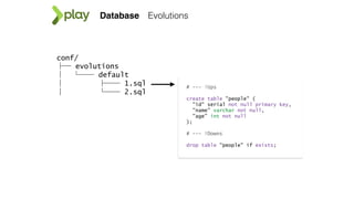 Database Evolutions
conf/
├─ evolutions
│  └── default
│   ├── 1.sql
│   └── 2.sql
# --- !Ups
create table "people" (
"id" serial not null primary key,
"name" varchar not null,
"age" int not null
);
# --- !Downs
drop table "people" if exists;
 