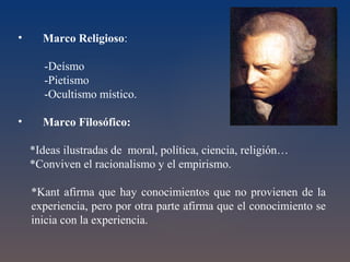 Algunas definiciones para entender el pensamiento de Kant: 
Revolución copernicana: 
Mientras los filósofos anteriores (racionalistas y empiristas) habían puesto el acento en el 
objeto del conocimiento, Kant pondrá el acento en el sujeto que conoce. (Analogía que 
aduce a Copérnico, al poner el centro del universo ya no en la tierra sino en el sol) 
El sujeto no encuentra al objeto como algo dado sino que lo construye. 
Noúmeno: 
La cosa en sí, la realidad tal como es en sí misma. (Una realidad que nos permanece 
incognoscible o imposible de conocer.) Del noúmeno o la cosa en sí solo podemos conocer 
el fenómeno. 
Fenómeno: Lo que percibimos del noúmeno en tiempo y espacio, a través de las 
sensaciones. 
Caos de impresiones: 
Las impresiones constituyen la materia del conocimiento. Sin ellas el intelecto no conocería 
nada. Pero irrumpen en el intelecto en forma caótica y es éste quien las ordena con sus 
formas a priori construyendo el fenómeno. 
Kant dice que las impresiones sin las formas y las categorías que aporta el intelecto serían 
"ciegas". Entonces, si bien les reconoce a los empiristas que todo conocimiento comienza 
con la experiencia, no admite que todo conocimiento provenga de la experiencia pues el 
mismo sería imposible sin el aporte que hace el sujeto de sus formas a priori. 
 