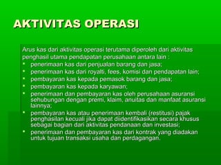 AKTIVITAS OPERASI

 Arus kas dari aktivitas operasi terutama diperoleh dari aktivitas
 penghasil utama pendapatan perusahaan antara lain :
  penerimaan kas dari penjualan barang dan jasa;
  penerimaan kas dari royalti, fees, komisi dan pendapatan lain;
  pembayaran kas kepada pemasok barang dan jasa;
  pembayaran kas kepada karyawan;
  penerimaan dan pembayaran kas oleh perusahaan asuransi
    sehubungan dengan premi, klaim, anuitas dan manfaat asuransi
    lainnya;
  pembayaran kas atau penerimaan kembali (restitusi) pajak
    penghasilan kecuali jika dapat diidentifikasikan secara khusus
    sebagai bagian dari aktivitas pendanaan dan investasi;
  penerimaan dan pembayaran kas dari kontrak yang diadakan
    untuk tujuan transaksi usaha dan perdagangan.
 