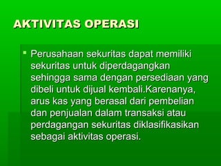 AKTIVITAS OPERASI

  Perusahaan sekuritas dapat memiliki
   sekuritas untuk diperdagangkan
   sehingga sama dengan persediaan yang
   dibeli untuk dijual kembali.Karenanya,
   arus kas yang berasal dari pembelian
   dan penjualan dalam transaksi atau
   perdagangan sekuritas diklasifikasikan
   sebagai aktivitas operasi.
 