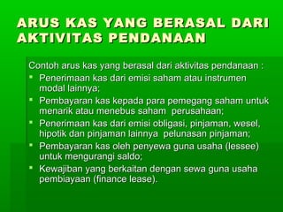 ARUS KAS YANG BERASAL DARI
AKTIVITAS PENDANAAN

 Contoh arus kas yang berasal dari aktivitas pendanaan :
  Penerimaan kas dari emisi saham atau instrumen
   modal lainnya;
  Pembayaran kas kepada para pemegang saham untuk
   menarik atau menebus saham perusahaan;
  Penerimaan kas dari emisi obligasi, pinjaman, wesel,
   hipotik dan pinjaman lainnya pelunasan pinjaman;
  Pembayaran kas oleh penyewa guna usaha (lessee)
   untuk mengurangi saldo;
  Kewajiban yang berkaitan dengan sewa guna usaha
   pembiayaan (finance lease).
 