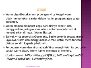 Worm bisa dikatakan mirip dengan virus tetapi worm 
tidak memerlukan carrier dalam hal ini program atau suatu dokumen. 
Worm mampu membuat copy dari dirinya sendiri dan menggunakan jaringan komunikasi antar komputer untuk menyebarkan dirinya. (Worm Blaster) 
Banyak virus seperti MyDoom atau Bagle bekerja sebagaimana layaknya worm dan menggunakan e-mail untuk mem-forward dirinya sendiri kepada pihak lain. 
Perbedaan worm dan virus adalah Virus menginfeksi target code, tetapi worm tidak. Worm hanya menetap di memory. 
Contoh worm: I-Worm/Happy99(Ska), I-Worm/ExploreZIP, I-Worm/PrettyPark, I-Worm/MyPics 
Andi Dwi Riyanto, M.Kom  