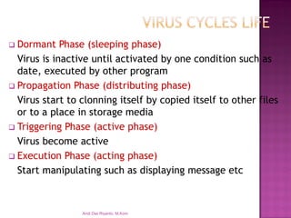Dormant Phase (sleeping phase) 
Virus is inactive until activated by one condition such as date, executed by other program 
Propagation Phase (distributing phase) 
Virus start to clonning itself by copied itself to other files or to a place in storage media 
Triggering Phase (active phase) 
Virus become active 
Execution Phase (acting phase) 
Start manipulating such as displaying message etc 
Andi Dwi Riyanto, M.Kom  