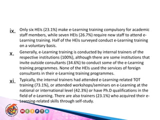 Only six HEIs (23.1%) make e-Learning training compulsory for academic staff members, while seven HEIs (26.7%) require new staff to attend e-Learning training. Half of the HEIs surveyed conduct e-Learning training on a voluntary basis. Generally, e-Learning training is conducted by internal trainers of the respective institutions (100%), although there are some institutions that invite outside consultants (34.6%) to conduct some of the e-Learning training programmes. None of the HEIs used the services of foreign consultants in their e-Learning training programmes. Typically, the internal trainers had attended e-Learning-related TOT training (73.1%), or attended workshops/seminars on e-Learning at the national or international level (42.3%) or have Ph.D qualifications in the field of e-Learning. There are also trainers (23.1%) who acquired their e-Learning-related skills through self-study.