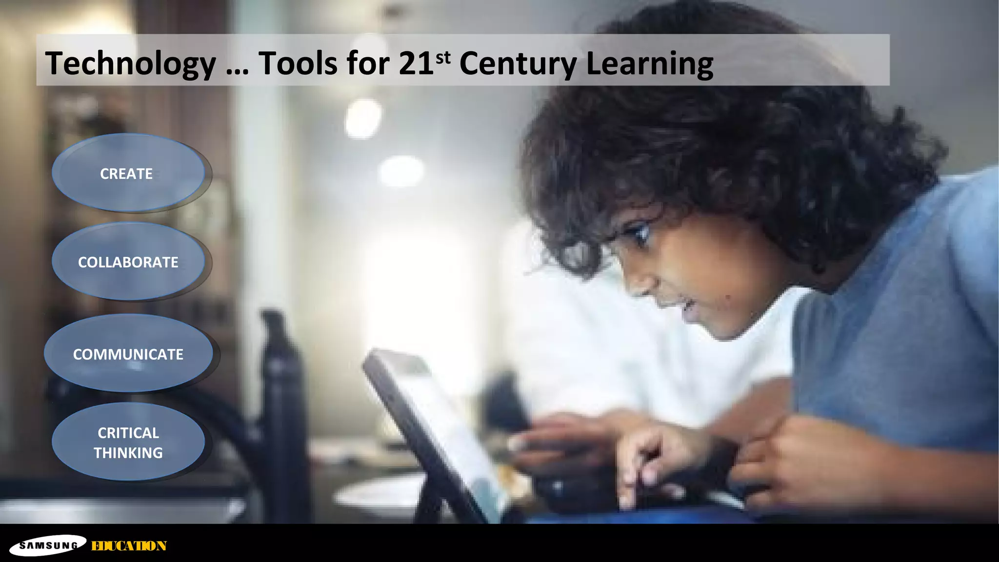 Technology … Tools for 21st
Century Learning
EDUCATION
CREATECREATE
COLLABORATECOLLABORATE
COMMUNICATECOMMUNICATE
CRITICAL
THINKING
CRITICAL
THINKING
 