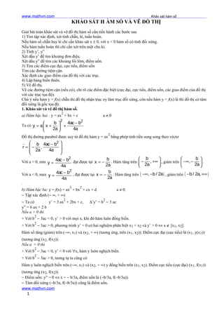 www.mathvn.com Khảo sát hàm số
KHẢO SÁT H ÀM SỐ VÀ VẼ ĐỒ THỊ
Giải bài toán khảo sát và vẽ đồ thị hàm số cần tiến hành các bước sau
1) Tìm tập xác định, xét tính chẵn, lẻ, tuần hoàn.
Nếu hàm số chẵn hay lẻ chỉ cần khảo sát x ≥ 0, với x < 0 hàm số có tính đối xứng.
Nếu hàm tuần hoàn thì chỉ cần xét trên một chu kì.
2) Tính y’, y”
Xét dấu y’ để tìm khoảng đơn điệu.
Xét dấu y” để tìm các khoảng lồi lõm, điểm uốn.
3) Tìm các điểm cực đại, cực tiểu, điểm uốn
Tìm các đường tiệm cận.
Xác định các giao điểm của đồ thị với các trục.
4) Lập bảng biến thiên.
5) Vẽ đồ thị.
Vẽ các đường tiệm cận (nếu có), chỉ rõ các điểm đặc biệt (cực đại, cực tiểu, điểm uốn, các giao điểm của đồ thị
với các trục tọa độ).
Chú ý nếu hàm y = f(x) chẵn thì đồ thị nhận trục oy làm trục đối xứng, còn nếu hàm y = f(x) lẻ thì đồ thị có tâm
đối xứng là gốc tọa độ.
1. Khảo sát và vẽ đồ thị hàm số.
a) Hàm bậc hai : y = ax
2
+ bx + c a ≠ 0
Ta có
2 2
b 4ac b
y a x
2a 4a
− 
= + + 
 
Đồ thị đường parabol được suy từ đồ thị hàm y = ax
2
bằng phép tịnh tiến song song theo véctơ
2
b 4ac b
r ,
2a 4a
 −
= − 
 
 
r
.
Với a > 0, min
2
4ac b
y
4a
−
= đạt được tại
b
x
2a
= − . Hàm tăng trên
b
,
2a
 
− +∞ 
 
, giảm trên
b
,
2a
 
−∞ − 
 
.
Với a < 0, max
2
4ac b
y
4a
−
= , đạt được tại
b
x
2a
= − . Hàm tăng trên ( ), b / 2a−∞ − , giảm trên ( )b / 2a,− +∞
.
b) Hàm bậc ba: y = f(x) = ax
3
+ bx
2
+ cx + d a ≠ 0.
− Tập xác định (− ∞, + ∞)
− Ta có y’ = 3 ax
2
+ 2bx + c, ∆’y’ = b
2
− 3 ac
y” = 6 ax + 2 b
Nếu a > 0 thì
+ Với b
2
− 3ac < 0, y’ > 0 với mọi x, khi đó hàm luôn đồng biến.
+ Với b
2
− 3ac > 0, phương trình y’ = 0 có hai nghiệm phân biệt x1 < x2 và y’ > 0 ⇔ x ∉ [x1, x2].
Hàm số tăng (giảm) trên (−∞, x1) và (x2, + ∞) (tương ứng, trên (x1, x2)). Điểm cực đại (cực tiểu) là (x1, y(x1))
(tương ứng (x2, f(x2)).
Nếu a < 0 thì
+ Với b
2
− 3ac < 0, y’ < 0 với ∀x, hàm y luôn nghịch biến.
+ Với b
2
− 3ac > 0, tương tự ta cũng có
Hàm y luôn nghịch biến trên (−∞, x1) và (x2, + ∞) y đồng biến trên (x1, x2). Điểm cực tiểu (cực đại) (x1, f(x1))
(tương ứng (x2, f(x2)).
− Điểm uốn: y” = 0 ⇔ x = − b/3a, điểm uốn là (−b/3a, f(−b/3a)).
− Tâm đối xứng (−b/3a, f(−b/3a)) cũng là điểm uốn.
www.mathvn.com
1
 