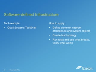 Software-defined Infrastructure
Tool example:

How to apply:

• Quali Systems TestShell

• Define common network
architecture and system objects
• Create test topology
• Run tests and see what breaks,
verify what works

24

Presentation Title

 