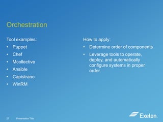 Orchestration
Tool examples:

How to apply:

• Puppet

• Determine order of components

• Chef

• Leverage tools to operate,
deploy, and automatically
configure systems in proper
order

• Mcollective
• Ansible
• Capistrano

• WinRM

27

Presentation Title

 