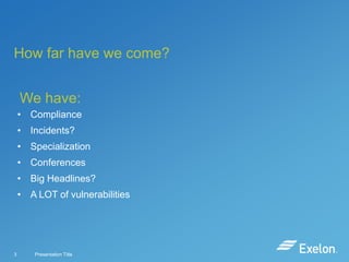How far have we come?
We have:
• Compliance
• Incidents?
• Specialization

• Conferences
• Big Headlines?
• A LOT of vulnerabilities

3

Presentation Title

 