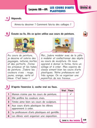 Unité 6. Mes intérêts
LES COURS D’ARTS
PLASTIQUES
Leçons 88—89.
1 Réponds.
Aimes-tu dessiner  ? Comment fais-tu des collages  ?
2 Écoute ou lis. Dis ce qu’on utilise aux cours de peinture.
Au cours de peinture,
je dessine et colorie des
paysages, natures mortes
et des portraits. J’aime
les pinceaux et les tubes
de peinture. J’adore les
couleurs vives : rouge,
jaune, orange, verte et
bleue. C’est beau !
Moi, j’adore modeler avec de la pâte
à modeler et confectionner des objets
au cours de sculpture. On nous
apprend à donner la forme, faire un
collage et à créer. Mes copains de
classe aiment bien les cours d’arts
plastiques. Notre professeure est
très sympa. On va organiser une
exposition de nos travaux.
3 D’après l’exercice 2, coche vrai ou faux.
Vrai Faux
1 Manon n’aime pas les cours de peinture. 
2 Elle préfère les couleurs vives.
3 Timéo aime bien ses cours de sculpture.
4 Aux cours d’arts plastiques les élèves
apprennent à créer.
5 Sa professeure d’arts plastiques est gentille.
6 Les élèves vont organiser une exposition.
1
2
3
Unité 6
Unité 6
Unité 6
Unité 6
119
 