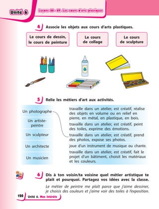Leçons 88—89. Les cours d’arts plastiques
Leçons 88—89. Les cours d’arts plastiques
Leçons 88—89. Les cours d’arts plastiques
Leçons 88—89. Les cours d’arts plastiques
Unité 6. Mes intérêts
4 Associe les objets aux cours d’arts plastiques.
Le cours de dessin,
le cours de  peinture
Le cours
de  collage
Le cours
de  sculpture
5 Relie les métiers d’art aux activités.
Un photographe
Un artiste-
peintre
Un sculpteur
Un architecte
Un musicien
travaille dans un atelier, est créatif, réalise
des objets en volume ou en relief en
pierre, en métal, en plastique, en bois.
travaille dans un atelier, est créatif, peint
des toiles, exprime des émotions.
travaille dans un atelier, est créatif, prend
des photos, expose ses photos.
joue d’un instrument de musique ou chante.
travaille dans un atelier, est créatif, fait le
projet d’un bâtiment, choisit les matériaux
et les couleurs.
6 Dis à ton voisin/ta voisine quel métier artistique te
plaît et pourquoi. Partagez vos idées avec la classe.
Le métier de peintre me plaît parce que j’aime dessiner,
je  choisis des couleurs et j’aime voir des toiles à l’exposition.
4
4
5
6
Unité 6
Unité 6
Unité 6
Unité 6
120
 