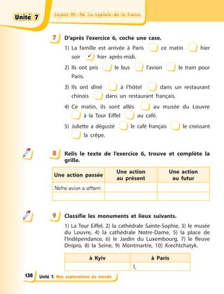 Leçons 95—96. La capitale de la France
Leçons 95—96. La capitale de la France
Leçons 95—96. La capitale de la France
Leçons 95—96. La capitale de la France
Unité 7. Mes explorations du monde
7 D’après l’exercice 6, coche une case.
1) La famille est arrivée à Paris ce matin hier
soir  hier après-midi.
2) Ils ont pris le bus l’avion le train pour
Paris.
3) Ils ont dîné à l’hôtel dans un restaurant
chinois dans un restaurant français.
4) Ce matin, ils sont allés au musée du Louvre
à la Tour Eiffel au café.
5) Juliette a dégusté le café français le croissant
la crêpe.
8 Relis le texte de l’exercice 6, trouve et complète la
grille.
Une action passée
Une action
au  présent
Une action
au  futur
Notre avion a atterri.
9 Classifie les monuments et lieux suivants.
1) La Tour Eiffel, 2) la cathédrale Sainte-Sophie, 3) le musée
du Louvre, 4) la cathédrale Notre-Dame, 5) la place de
l’Indépendance, 6) le Jardin du Luxembourg, 7) le fleuve
Dnipro, 8) la Seine, 9)  Montmartre, 10) Krechtchatyk.
à Kyiv à Paris
1,
7
8
9
Unité 7
Unité 7
Unité 7
Unité 7
130
 