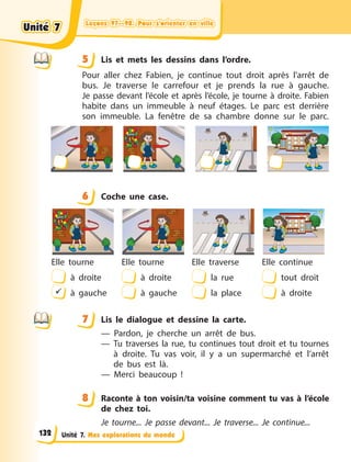 Leçons 97—98. Pour s’orienter en ville
Leçons 97—98. Pour s’orienter en ville
Leçons 97—98. Pour s’orienter en ville
Leçons 97—98. Pour s’orienter en ville
Unité 7. Mes explorations du monde
5 Lis et mets les dessins dans l’ordre.
Pour aller chez Fabien, je continue tout droit après l’arrêt de
bus. Je traverse le carrefour et je prends la rue à gauche.
Je passe devant l’école et après l’école, je tourne à droite. Fabien
habite dans un immeuble à neuf étages. Le  parc est derrière
son immeuble. La fenêtre de sa chambre donne sur le parc.
6 Coche une case.
Elle tourne
à droite
 à gauche
Elle tourne
à droite
à gauche
Elle traverse
la rue
la place
Elle continue
tout droit
à droite
7 Lis le dialogue et dessine la carte.
— Pardon, je cherche un arrêt de bus.
— Tu traverses la rue, tu continues tout droit et tu tournes
à  droite. Tu vas voir, il y a un supermarché et l’arrêt
de bus est là.
— Merci beaucoup  !
8 Raconte à ton voisin/ta voisine comment tu vas à l’école
de chez toi.
Je tourne... Je passe devant... Je traverse... Je continue...
5
6
7
8
Unité 7
Unité 7
Unité 7
Unité 7
132
 