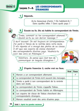 Unité 1. Après les grandes vacances
LES CORRESPONDANTS
ÉTRANGERS
Leçons 7—8.
1 Réponds.
As-tu beaucoup d’amis  ? Où habitent-ils  ?
Dans quelles villes  ? Dans quels pays  ?
2 Écoute ou lis. Dis où habite le correspondant de Timéo.
Timéo, comment va ton correspondant allemand ?
Quand as-tu eu son dernier message ?
Il écrit souvent. On est toujours en correspondance.
J’ai parlé à Tobias de la rentrée dans notre école.
Il m’a répondu et a envoyé des photos de sa classe.
Il dit que ses copains de classe cherchent
des correspondants d’autres pays. Voudrais-tu
avoir des amis en Allemagne ?
Volontiers. Je pense que c’est bon de
communiquer en langues étrangères !
3 D’après l’exercice 2, coche vrai ou faux.
Vrai Faux
1 Manon a  un correspondant allemand. 
2 Le correspondant de Timéo écrit souvent des messages.
3 Timéo a  parlé à  son correspondant de la rentrée
dans son école.
4 Le correspondant de Timéo s’appelle Tobias.
5 Le correspondant de Timéo habite en Allemagne.
6 Les copains de classe de Tobias cherchent des
correspondants étrangers.
7 Manon voudrait avoir des amis d’autres pays.
1
2
3
Unité 1
Unité 1
14
Unité 1
Unité 1
 