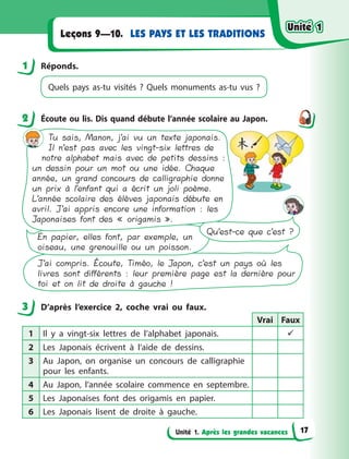 Unité 1. Après les grandes vacances
LES PAYS ET LES TRADITIONS
Leçons 9—10.
1 Réponds.
Quels pays as-tu visités  ? Quels  monuments as-tu vus  ?
2 Écoute ou lis. Dis quand débute l’année scolaire au Japon.
J’ai compris. Écoute, Timéo, le Japon, c’est un pays où les
livres sont différents : leur première page est la dernière pour
toi et on lit de droite à gauche !
En papier, elles font, par exemple, un
oiseau, une grenouille ou un poisson.
Qu’est-ce que c’est ?
Tu sais, Manon, j’ai vu un texte japonais.
Il n’est pas avec les vingt-six lettres de
notre alphabet mais avec de petits dessins :
un dessin pour un mot ou une idée. Chaque
année, un grand concours de calligraphie donne
un prix à l’enfant qui a écrit un joli poème.
L’année scolaire des élèves japonais débute en
avril. J’ai appris encore une information : les
Japonaises font des « origamis ».
3 D’après l’exercice 2, coche vrai ou faux.
Vrai Faux
1 Il y  a vingt-six lettres de l’alphabet japonais. 
2 Les Japonais écrivent à  l’aide de dessins.
3 Au Japon, on organise un concours de calligraphie
pour les enfants.
4 Au Japon, l’année scolaire commence en septembre.
5 Les Japonaises font des origamis en papier.
6 Les Japonais lisent de droite à  gauche.
1
2
3
Unité 1
Unité 1
Unité 1
Unité 1
17
 