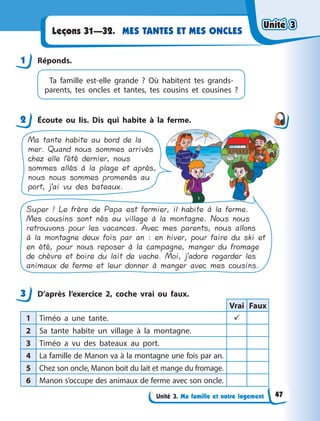 Unité 3. Ma famille et notre logement
MES TANTES ET MES ONCLES
Leçons 31—32.
1 Réponds.
Ta famille est-elle grande  ? Où habitent tes grands-
parents, tes oncles et tantes, tes cousins et cousines  ?
2 Écoute ou lis. Dis qui habite à  la ferme.
Ma tante habite au bord de la
mer. Quand nous sommes arrivés
chez elle l’été dernier, nous
sommes allés à la plage et après,
nous nous sommes promenés au
port, j’ai vu des bateaux.
Super ! Le frère de Papa est fermier, il habite à la ferme.
Mes cousins sont nés au village à la montagne. Nous nous
retrouvons pour les vacances. Avec mes parents, nous allons
à la montagne deux fois par an : en hiver, pour faire du ski et
en été, pour nous reposer à la campagne, manger du fromage
de chèvre et boire du lait de vache. Moi, j’adore regarder les
animaux de ferme et leur donner à manger avec mes cousins.
3 D’après l’exercice 2, coche vrai ou faux.
Vrai Faux
1 Timéo a  une tante. 
2 Sa tante habite un village à  la montagne.
3 Timéo a  vu des bateaux au port.
4 La famille de Manon va à la montagne une fois par an.
5 Chez son oncle, Manon boit du lait et mange du fromage.
6 Manon s’occupe des animaux de ferme avec son oncle.
1
2
3
Unité 3
Unité 3
Unité 3
Unité 3
47
 