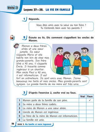 Unité 3. Ma famille et notre logement
LA VIE EN FAMILLE
Leçons 37—38.
1 Réponds.
Vous êtes amis avec ta sœur ou ton frère  ?
Tu t’entends bien avec tes parents  ?
2 Écoute ou lis. Dis comment s’appellent les oncles de
Manon.
Maman a deux frères
aînés et une sœur
jumelle. Sa sœur
s’appelle Marie et elle
habite non loin de chez mes
grands-parents. Son frère
aîné a 45 ans, il s’appelle
Émile. Il travaille comme
ingénieur à un chantier.
Mon oncle Paul a 42 ans,
il est informaticien. Il est
fort en ordinateurs. Ils sont amis avec Maman. J’aime
beaucoup ma tante et mes oncles. Mes grands-parents sont
sympas. La grande famille de ma mère est très unie.
3 D’après l’exercice 2, coche vrai ou faux.
Vrai Faux
1 Manon parle de la famille de son père. 
2 Sa mère a  deux frères cadets.
3 La mère de Manon a  une sœur aînée.
4 L’oncle de Manon est ingénieur.
5 Le frère de la mère de Manon est informaticien.
6 La famille est unie.
1
2
3
Unité 3
Unité 3
Unité 3
Unité 3
56
 