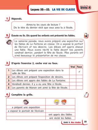 Unité 4. Mes études
LA VIE DE CLASSE
Leçons 52—53.
1 Réponds.
Aimes-tu les cours de lecture  ?
Dis  le  titre  du  dernier  récit que vous avez lu à  l’école.
2 Écoute ou lis. Dis quand les enfants ont présenté les fables.
La semaine passée, nous avons préparé une exposition sur
les fables de La Fontaine en classe. On a exposé le portrait
de l’écrivain et nos dessins. Les élèves ont appris chacun
une fable. Nous avons récité la fable devant nos parents
vendredi dernier, pendant la fête de l’école. Mes parents ont
aimé beaucoup la présentation de ma classe.
3 D’après l’exercice 2, coche vrai ou faux.
Vrai Faux
1 Les élèves ont préparé une exposition dans la
salle de fête.

2 Les élèves ont préparé l’exposition de dessins.
3 Les élèves ont appris des fables de La Fontaine.
4 Vendredi dernier, il y  a eu une fête à  l’école.
5 Les parents de Manon ont aimé la fête de  l’école.
4 Complète la grille.
a préparé une exposition
a exposé le portrait de l’écrivain
ont appris des fables
ont récité les fables
1
2
3
4
Unité 4
Unité 4
Unité 4
Unité 4
77
 