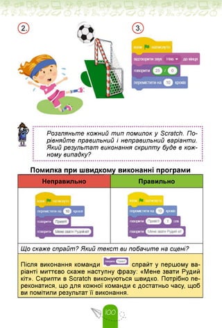 Розгляньте кожний тип помилок у Scratch. По­
рівняйте правильний і неправильний варіанти.
Який результат виконання скрипту буде в кож­
ному випадку?
Помилка при швидкому виконанні програми
Неправильно Правильно
) кроків
говорити
говорити .ги Рудий
Що скаже спрайт? Який текст ви побачите на сцені?
Після виконання команди спрайт у першому ва­
ріанті миттєво скаже наступну фразу: «Мене звати Рудий
кіт». Скрипти в Scratch виконуються швидко. Потрібно пе­
реконатися, що для кожної команди є достатньо часу, щоб
ви помітили результат її виконання.
 