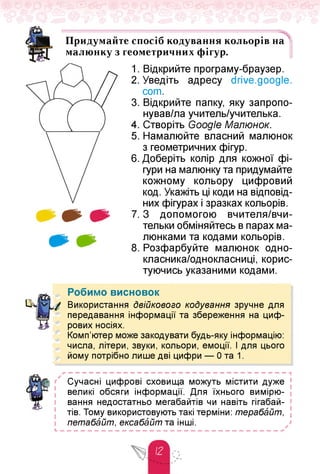 Придумайте спосіб кодування кольорів на
малюнку з геометричних фігур.
1. Відкрийте програму-браузер.
2. Уведіть адресу drive.google.
com.
3. Відкрийте папку, яку запропо-
нував/ла учитель/учителька.
4. Створіть Google Малюнок.
5. Намалюйте власний малюнок
з геометричних фігур.
6. Доберіть колір для кожної фі­
гури на малюнку та придумайте
кожному кольору цифровий
код. Укажіть ці коди на відповід­
них фігурах і зразках кольорів.
7. З допомогою вчителя/вчи-
тельки обміняйтесь в парах ма­
люнками та кодами кольорів.
8. Розфарбуйте малюнок одно-
класника/однокласниці, корис­
туючись указаними кодами.
ЕХ
Робимо висновок
Використання Двійкового кодування зручне для
передавання інформації та збереження на циф­
рових носіях.
Комп'ютер може закодувати будь-яку інформацію:
числа, літери, звуки, кольори, емоції. І для цього
йому потрібно лише дві цифри — 0 та 1.
— — — — — — — — — — — — — — — — — — — — — — — — — — — — — — — — П
Сучасні цифрові сховища можуть містити дуже [
великі обсяги інформації. Для їхнього вимірю­
вання недостатньо мегабайтів чи навіть гігабай-
[ тів. Тому використовують такі терміни: терабайт, [
петабайт, ексабайт та інші.
Ь — — — — — — — — — — — — — — — — — — — — — — — — — — — — — — — —
 
