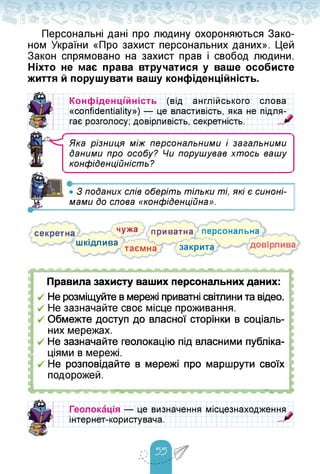 Персональні дані про людину охороняються Зако­
ном України «Про захист персональних даних». Цей
Закон спрямовано на захист прав і свобод людини.
Ніхто не має права втручатися у ваше особисте
життя й порушувати вашу конфіденційність.
Конфіденційність (від англійського
«confidentiality») — це властивість, яка не
гає розголосу; довірливість, секретність.
слова
підля-
~Х
Яка різниця між персональними і загальними
Даними про особу? Чи порушував хтось вашу
конфіденційність ?
• З поДаних слів оберіть тільки ті, які є синоні­
мами до слова «конфіденційна».
секретна чужа приватна персональна
шкідлива таємна закрита дов^лива
Правила захисту ваших персональних даних:
V Не розміщуйте в мережі приватні світлини та відео.
V Не зазначайте своє місце проживання.
V Обмежте доступ до власної сторінки в соціаль­
них мережах.
V Не зазначайте геолокацію під власними публіка­
ціями в мережі.
v Не розповідайте в мережі про маршрути своїх
подорожей.
Геолокація — це визначення
інтернет-користувача.
місцезнаходження
X
 