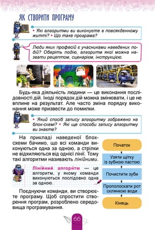 ЯК СТВОРИТИ ПРОГРАМУ
•------------------------------------------------------
• Які алгоритми ви виконуєте в повсякденному
житті? • Що таке програма?
ЛюДи яких професій є учасниками наведених по­
дій? Оберіть подію, алгоритм якої можна на­
звати рецептом, сценарієм, інструкцією.
Будь-яка діяльність людини — це виконання послі­
довності дій. Іноді порядок дій можна змінювати, і це не
вплине на результат. Але часто зміна порядку вико-
нання може призвести до помилки.
•--------------------------------------------------------------
• Який спосіб запису алгоритму зображено на
блок-схемі? • Які ще способи запису алгоритму
ви знаєте?
На прикладі наведеної блок-
схеми бачимо, що всі команди ви­
конуються одна за одною, а стрілки
не відхиляються від однієї лінії. Тому
Поєднуючи команди, ви створює­
те програму. Щоб спростити ство­
рення програм, розроблено середо­
вища програмування.
 