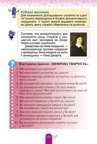 |И^ Робимо висновок
Для визначення розташування спрайтів на сцені
v та їхнього переміщення в Scratch використовують
координати. У скрипт можна додавати команди,
які дають змогу спрайту обертатися та рухатися.
/рІВ *
12
3
4
5
6
7
8
9
10
11Система, яку використовують для
т ■
і
і
і
і
і
і
і
і
L
позначення місць глядачів у кон­
цертній залі, заснована на декар-
товій системі координат.
Декартова система координат —
найпоширеніша система координат
у математиці. Вона названа на честь
її винахідника — Рене Декарта.
Повторюємо вивчене «ЦИФРОВА ТВОРЧІСТЬ»
1. Що називають алгоритмом?
2. Які властивості алгоритму ви знаєте?
3. Наведіть приклад лінійного алгоритму та запишіть
його у зошит.
4. Як називається програма, написана мовою Scratch?
5. За допомогою якого блока у Scratch можна
перевірити умову? Які види розгалужень ви знаєте?
Чим вони відрізняються?
6. Яке призначення команд з групи Датчики?
7. Які логічні оператори у Scratch ви знаєте?
8. Як записати повторення команд у Scratch?
Як називається такий вид алгоритму?
9. Для чого використовують змінні у Scratch?
10. Які команди використовуються у Scratch для
узгодження дій різних спрайтів?
11. Як визначають розміщення спрайту на сцені
у Scratch?
 