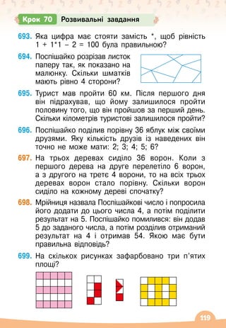 119
693.
	
Яка цифра має стояти замість *, щоб рівність
1
 
+ 1*1 – 2 = 100 була правильною?
694.
	
Поспішайко розрізав листок
паперу так, як показано на
малюнку. Скільки шматків
мають рівно 4 сторони?
695.
	
Турист мав пройти 60 км. Після першого дня
він підрахував, що йому залишилося пройти
половину того, що він пройшов за перший день.
Скільки кілометрів туристові залишилося пройти?
696.
	
Поспішайко поділив порівну 36 яблук між своїми
друзями. Яку кількість друзів із наведених він
точно не може мати: 2; 3; 4; 5; 6?
697.
	
На трьох деревах сиділо 36 ворон. Коли з
першого дерева на друге перелетіло 6 ворон,
а з другого на третє 4 ворони, то на всіх трьох
деревах ворон стало порівну. Скільки ворон
сиділо на кожному дереві спочатку?
698.
	
Мрійниця назвала Поспішайкові число і попросила
його додати до цього числа 4, а потім поділити
результат на 5. Поспішайко помилився: він додав
5 до заданого числа, а потім розділив отриманий
результат на 4 і отримав 54. Якою має бути
правильна відповідь?
699.
	
На скількох рисунках зафарбовано три п’ятих
площі?
Крок 70 Розвивальні завдання
 