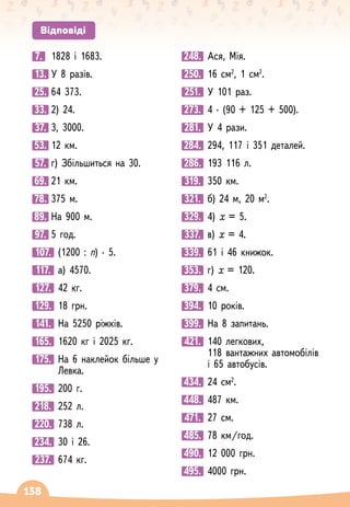 138
Відповіді
7.
	
1828 і 1683.
13.
	
У 8 разів.
25.
	
64 373.
33.
	
2) 24.
37.
	
3, 3000.
53.
	
12 км.
57.
	
г) Збільшиться на 30.
69.
	
21 км.
78.
	
375 м.
89.
	
На 900 м.
97.
	
5 год.
107.

(1200 : n)
∙
5.
117.

а) 4570.
127.

42 кг.
129.

18 грн.
141.

На 5250 ріжків.
165.

1620 кг і 2025 кг.
175.

На 6 наклейок більше у
Левка.
195.

200 г.
218.

252 л.
220.

738 л.
234.

30 і 26.
237.

674 кг.
248.

Ася, Мія.
250.

16 см2
, 1 см2
.
251.

У 101 раз.
273.

4
∙
(90 + 125 + 500).
281.

У 4 рази.
284.

294, 117 і 351 деталей.
286.

193 116 л.
319.

350 км.
321. 
б) 24 м, 20 м2
.
329.

4) х = 5.
337.

в) х = 4.
339.

61 і 46 книжок.
353.

г) х = 120.
379.

4 см.
394.

10 років.
399.

На 8 запитань.
421.

140 легкових,
118 ван
­
тажних автомобілів
і 65 автобусів.
434.

24 см2
.
448.

487 км.
471.

27 см.
485.

78 км/год.
490.

12 000 грн.
495.

4000 грн.
 
