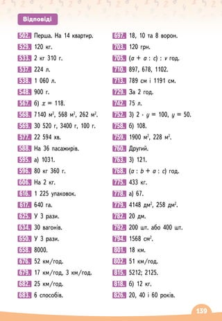 139
Відповіді
502.

Перша. На 14 квартир.
529.

120 кг.
533.

2 кг 310 г.
537.

224 л.
538.

1 060 л.
548.

900 г.
567.

б) х = 118.
568.

7140 м2
, 568 м2
, 262 м2
.
569.

30 520 г, 3400 г, 100 г.
577.

22
 
594 хв.
588.

На 36 пасажирів.
595.

а) 1031.
596.

80 кг 360 г.
606.

На 2 кг.
616.

1 225 упаковок.
617.

640 га.
625.

У 3 рази.
634.

30 вагонів.
650.

У 3 рази.
658.

8000.
676.

52 км/год.
679.

17 км/год, 3 км/год.
682.

25 км/год.
683.

6 способів.
697.

18, 10 та 8 ворон.
703.

120 грн.
705.

(а + а : с) : v год.
710.

897, 678, 1102.
713.

789 см і 1191 см.
729.

За 2 год.
742.

75 л.
752.

3) 2
∙
у = 100, у = 50.
758. 
б) 108.
759.

1900 м2
, 228 м2
.
760.

Другий.
763.

3) 121.
768.

(а : b + a : c) год.
775.

433 кг.
778.

а) 67.
779.

4148 дм2
, 258 дм2
.
782.

20 дм.
792.

200 шт. або 400 шт.
794.

1568 см2
.
801.

18 км.
802.

51 км/год.
815.

5212; 2125.
818.

б) 12 кг.
826.

20, 40 і 60 років.
 
