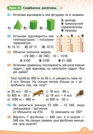 15
10
0
10
20
30
10
0
10
20
30
10
0
10
20
30
61.
	
Установи відповідність між фігурами та їх назвами.
1) 2) 3)
62.
	
Установи відповідність між
температурою і показами
термометра.
1) 15 о
С
    
2) 22 о
С
    
3) 10 о
С
63.
	
Обчисли значення виразу:
(19 380 + 36 780) : 10 
– 1516.
А 4100
       
Б 5100
       
В 
41 000
64.
	
Установи правильну послідовність дій розв’язання
задачі і дай відповідь на запитання задачі. Яка
дія зайва?
Тигр пробігає 800 м за 50 с, а швидкість лева на
4
 
м/с більша. На
 
скільки метрів більше за 1 хв
пробіжить лев, ніж тигр?
а) 20 м/с
 ∙ 
60 с г) 16 м/с
 ∙ 
60 с
б) 800 м
 ∙ 
50 с д) 16 м/с + 4 м/с
в) 1200 м
 
– 960 м е) 800 м : 50 с
65.
	
Як зміниться різниця 23 456
 
– 12
 
345, якщо	
зменшуване і від’ємник:
а) збільшити на 210;
      
б) зменшити на 120?
66.
	
Вартість 7 футболок
 
— 840 грн, а 4 шортів
 
—
540
 
грн. На
 
скільки гривень ціна футболки менше,
ніж ціна шортів?
А циліндр
Б прямокутний
паралелепіпед
В піраміда
Крок 8 Скарбничка досягнень
А Б В
 