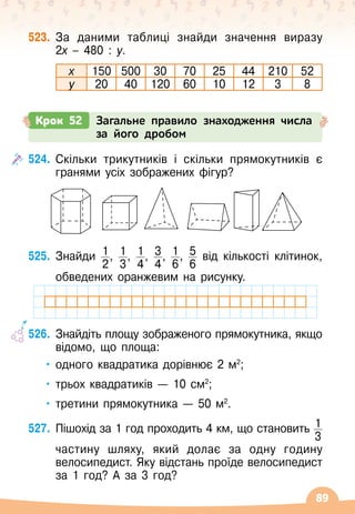 89
523.
	
За даними таблиці знайди значення виразу	
2х – 480 : у.
х 150 500 30 70 25 44 210 52
у 20 40 120 60 10 12 3 8
Крок 52 Загальне правило знаходження числа
за його дробом
524.
	
Скільки трикутників і скільки прямокутників є
гранями усіх зображених фігур?
525.
	
Знайди 1
2
, 1
3
, 1
4
, 3
4
, 1
6
, 5
6
від кількості клітинок,	
	
обведених оранжевим на рисунку.
526.
	
Знайдіть площу зображеного прямокутника, якщо
відомо, що площа:
•	одного квадратика дорівнює 2 м2
;
•	трьох квадратиків
 
— 10 см2
;
•	третини прямокутника
 
— 50 м2
.
527.
	
Пішохід за 1 год проходить 4 км, що становить 1
3
	
	
частину шляху, який долає за одну годину
велосипедист. Яку відстань проїде велосипедист
за 1 год? А
 
за 3 год?
 
