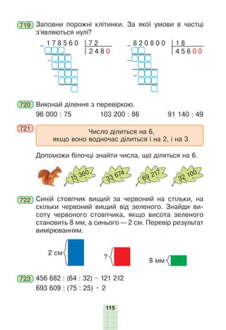 115
719 Заповни порожні клітинки. За якої умови в частці
з’являються нулі?
1 8
– 8 2 0 8 0 0
–
–
4 5 6 0 0
7 2
2 4 8 0
– 1 7 8 5 6 0
–
–
720 Виконай ділення з перевіркою.
96 000 : 75 103 200 : 86 91 140 : 49
721
Число ділиться на 6,
якщо воно водночас ділиться і на 2, і на 3.
Допоможи білочці знайти числа, що діляться на 6.
15 360
33 674
69 217
32 100
722 Синій стовпчик вищий за червоний на стільки, на
скільки червоний вищий від зеленого. Знайди ви-
соту червоного стовпчика, якщо висота зеленого
становить 8 мм, а синього — 2 см. Перевір результат
вимірюванням.
2 см
?
8 мм
723 456 682 : (64 : 32) – 121 212
693 609 : (75 : 25) • 2
 