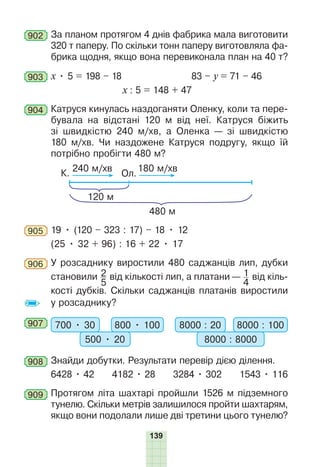 139
902 За планом протягом 4 днів фабрика мала виготовити
320 т паперу. По скільки тонн паперу виготовляла фа-
брика щодня, якщо вона перевиконала план на 40 т?
903 х • 5 = 198 – 18 83 – у = 71 – 46
х : 5 = 148 + 47
904 Катруся кинулась наздоганяти Оленку, коли та пере-
бувала на відстані 120 м від неї. Катруся біжить
зі швидкістю 240 м/хв, а Оленка — зі швидкістю
180 м/хв. Чи наздожене Катруся подругу, якщо їй
потрібно пробігти 480 м?
480 м
120 м
К. Ол.
240 м/хв 180 м/хв
905 19 • (120 – 323 : 17) – 18 • 12
(25 • 32 + 96) : 16 + 22 • 17
906 У розсаднику виростили 480 саджанців лип, дубки
становили 2
5
від кількості лип, а платани — 1
4
від кіль-
кості дубків. Скільки саджанців платанів виростили
у розсаднику?
907 700 • 30 800 • 100
500 • 20
8000 : 20 8000 : 100
8000 : 8000
908 Знайди добутки. Результати перевір дією ділення.
6428 • 42 4182 • 28 3284 • 302 1543 • 116
909 Протягом літа шахтарі пройшли 1526 м підземного
тунелю. Скільки метрів залишилося пройти шахтарям,
якщо вони подолали лише дві третини цього тунелю?
 