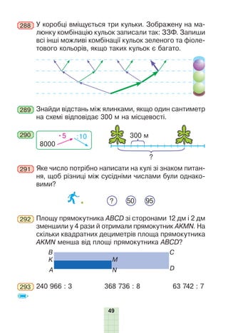 49
288 У коробці вміщується три кульки. Зображену на ма-
люнку комбінацію кульок записали так: ЗЗФ. Запиши
всі інші можливі комбінації кульок зеленого та фіоле-
тового кольорів, якщо таких кульок є багато.
289 Знайди відстань між ялинками, якщо один сантиметр
на схемі відповідає 300 м на місцевості.
290
8000
•5 :10
?
300 м
291 Яке число потрібно написати на кулі зі знаком питан-
ня, щоб різниці між сусідніми числами були однако-
вими?
? 95
50
292 Площу прямокутника ABCD зі сторонами 12 дм і 2 дм
зменшили у 4 рази й отримали прямокутник AKMN. На
скільки квадратних дециметрів площа прямокутника
AKMN менша від площі прямокутника ABCD?
B
D
K
C
A
M
N
293 240 966 : 3 368 736 : 8 63 742 : 7
 