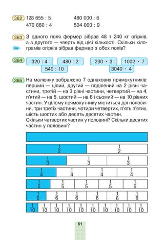 61
362 128 655 : 5 480 000 : 6
470 860 : 4 504 000 : 9
363 З одного поля фермер зібрав 48 т 240 кг огірків,
а з другого — чверть від цієї кількості. Скільки кіло-
грамів огірків зібрав фермер з обох полів?
364 320 : 4 480 : 2
540 : 10
230 • 3 1002 • 7
3040 • 4
365 На малюнку зображено 7 однакових прямокутників:
перший — цілий, другий — поділений на 2 рівні ча-
стини, третій — на 3 рівні частини, четвертий — на 4,
п’ятий — на 5, шостий — на 6 і сьомий — на 10 рівних
частин. У цілому прямокутнику міститься дві полови-
ни, три третіх частини, чотири четвертих, п’ять п’ятих,
шість шостих або десять десятих частин.
Скільки четвертих частин у половині? Скільки десятих
частин у половині?
1
2
1
2
1
3
1
3
1
3
1
4
1
4
1
4
1
4
1
5
1
6
1
10
1
10
1
10
1
10
1
10
1
10
1
10
1
10
1
10
1
10
1
6
1
6
1
6
1
6
1
6
1
5
1
5
1
5
1
5
 