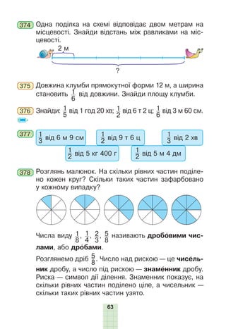63
374 Одна поділка на схемі відповідає двом метрам на
місцевості. Знайди відстань між равликами на міс-
цевості.
?
2 м
375 Довжина клумби прямокутної форми 12 м, а ширина
становить 1
6
від довжини. Знайди площу клумби.
376 Знайди: 1
5
від 1 год 20 хв; 1
2
від 6 т 2 ц; 1
6
від 3 м 60 см.
377 1
3 від 6 м 9 см
1
2 від 5 кг 400 г
1
2 від 9 т 6 ц
1
2 від 5 м 4 дм
1
3 від 2 хв
378 Розглянь малюнок. На скільки рівних частин поділе-
но кожен круг? Скільки таких частин зафарбовано
у кожному випадку?
Числа виду 1
8
, 1
4
, 2
3
, 5
8
називають дробовими чис-
лами, або дробами.
Розглянемо дріб 5
8
. Число над рискою — це чисель-
ник дробу, а число під рискою — знаменник дробу.
Риска — символ дії ділення. Знаменник показує, на
скільки рівних частин поділено ціле, а чисельник —
скільки таких рівних частин узято.
 