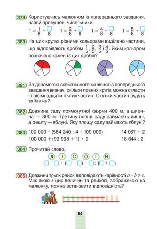 64
379 Користуючись малюнком із попереднього завдання,
назви пропущені чисельники.
1 = 1
8
+
8
1 = 2
8
+
8
1 = 4
8
+
8
1 = 5
8
+
8
380 На цих кругах різними кольорами виділено частини,
що відповідають дробам 1
5
, 2
5
, 3
5
і 4
5
. Яким кольором
позначено кожен із цих дробів?
381 За допомогою схематичного малюнка із попереднього
завдання визнач, скільки повних кругів можна скласти
із вісімнадцяти п’ятих частин. Скільки частин будуть
зайвими?
382 Довжина саду прямокутної форми 400 м, а шири-
на — 300 м. Третину площі саду займають вишні,
а решту — яблуні. Яку площу саду займають яблуні?
383 100 000 – (564 240 : 4 – 100 000) 14 067 • 2
100 000 + (99 998 + 1) • 9 18 644 : 2
384 Прочитай слово.
– • ( – ) – : ( + )
Л І С О Т В
385 Довжини трьох рейок відповідають нерівності a – b > c.
Між якою з цих величин та рейкою, зображеною на
малюнку, можна встановити відповідність?
 