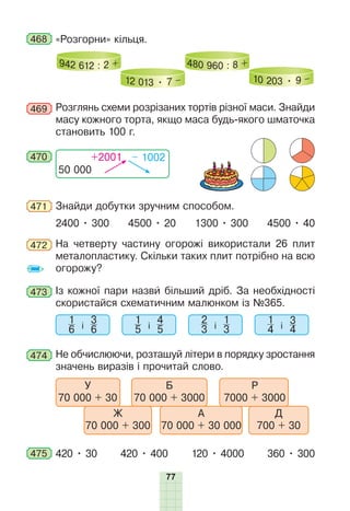 77
468 «Розгорни» кільця.
942 612 : 2 +
12 013 • 7 –
480 960 : 8 +
10 203 • 9 –
469 Розглянь схеми розрізаних тортів різної маси. Знайди
масу кожного торта, якщо маса будь-якого шматочка
становить 100 г.
470
50 000
+2001 – 1002
471 Знайди добутки зручним способом.
2400 • 300 4500 • 20 1300 • 300 4500 • 40
472 На четверту частину огорожі використали 26 плит
металопластику. Скільки таких плит потрібно на всю
огорожу?
473 Із кожної пари назви більший дріб. За необхідності
скористайся схематичним малюнком із №365.
1
4 і
3
4
2
3 і
1
3
1
5 і
4
5
1
6 і
3
6
474 Не обчислюючи, розташуй літери в порядку зростання
значень виразів і прочитай слово.
У
70 000 + 30
Б
70 000 + 3000
Ж
70 000 + 300
А
70 000 + 30 000
Д
700 + 30
Р
7000 + 3000
475 420 • 30 420 • 400 120 • 4000 360 • 300
 