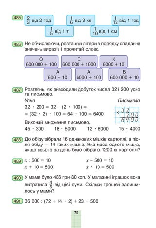 79
485 2
3 від 2 год
1
5 від 1 т
1
6 від 3 хв
1
10 від 1 см
1
12 від 1 год
486 Не обчислюючи, розташуй літери в порядку спадання
значень виразів і прочитай слово.
О
600 000 + 100
С
600 000 + 1000
А
600 + 10
А
6000 + 100
Б
600 000 + 10
К
6000 + 10
487 Розглянь, як знаходили добуток чисел 32 і 200 усно
та письмово.
Усно Письмово
32 • 200 = 32 • (2 • 100) =
32
200
6400
= (32 • 2) • 100 = 64 • 100 = 6400
Виконай множення письмово.
45 • 300 18 • 5000 12 • 6000 15 • 4000
488 До обіду зібрали 16 однакових мішків картоплі, а піс-
ля обіду — 14 таких мішків. Яка маса одного мішка,
якщо всього за день було зібрано 1200 кг картоплі?
489 х : 500 = 10 х – 500 = 10
х + 10 = 500 х • 10 = 500
490 У мами було 486 грн 80 коп. У магазині іграшок вона
витратила 4
5
від цієї суми. Скільки грошей залиши-
лось у мами?
491 36 000 : (72 + 14 • 2) + 23 • 500
 