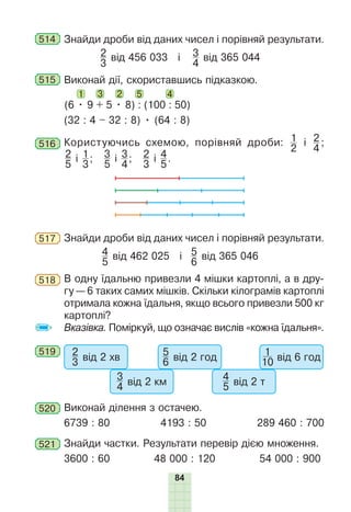 84
514 Знайди дроби від даних чисел і порівняй результати.
2
3
від 456 033 і 3
4
від 365 044
515 Виконай дії, скориставшись підказкою.
(6 • 9 + 5 • 8) : (100 : 50)
1 2 5
3 4
(32 : 4 – 32 : 8) • (64 : 8)
516 Користуючись схемою, порівняй дроби: 1
2
і 2
4
;
2
5
і 1
3
; 3
5
і 3
4
; 2
3
і 4
5
.
517 Знайди дроби від даних чисел і порівняй результати.
4
5
від 462 025 і 5
6
від 365 046
518 В одну їдальню привезли 4 мішки картоплі, а в дру-
гу — 6 таких самих мішків. Скільки кілограмів картоплі
отримала кожна їдальня, якщо всього привезли 500 кг
картоплі?
Вказівка. Поміркуй, що означає вислів «кожна їдальня».
519 2
3 від 2 хв
3
4 від 2 км
5
6 від 2 год
4
5 від 2 т
1
10 від 6 год
520 Виконай ділення з остачею.
6739 : 80 4193 : 50 289 460 : 700
521 Знайди частки. Результати перевір дією множення.
3600 : 60 48 000 : 120 54 000 : 900
 