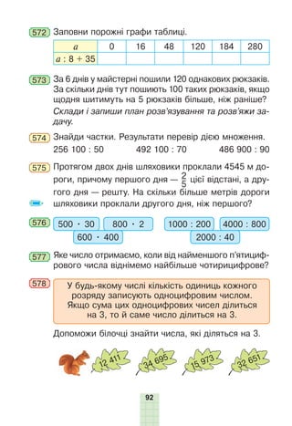 92
572 Заповни порожні графи таблиці.
а 0 16 48 120 184 280
а : 8 + 35
573 За 6 днів у майстерні пошили 120 однакових рюкзаків.
За скільки днів тут пошиють 100 таких рюкзаків, якщо
щодня шитимуть на 5 рюкзаків більше, ніж раніше?
Склади і запиши план розв’язування та розв’яжи за-
дачу.
574 Знайди частки. Результати перевір дією множення.
256 100 : 50 492 100 : 70 486 900 : 90
575 Протягом двох днів шляховики проклали 4545 м до-
роги, причому першого дня — 2
5
цієї відстані, а дру-
гого дня — решту. На скільки більше метрів дороги
шляховики проклали другого дня, ніж першого?
576 500 • 30 800 • 2
600 • 400
1000 : 200 4000 : 800
2000 : 40
577 Яке число отримаємо, коли від найменшого п’ятициф-
рового числа віднімемо найбільше чотирицифрове?
578 У будь-якому числі кількість одиниць кожного
розряду записують одноцифровим числом.
Якщо сума цих одноцифрових чисел ділиться
на 3, то й саме число ділиться на 3.
Допоможи білочці знайти числа, які діляться на 3.
12 411
34 695
15 973
32 651
 
