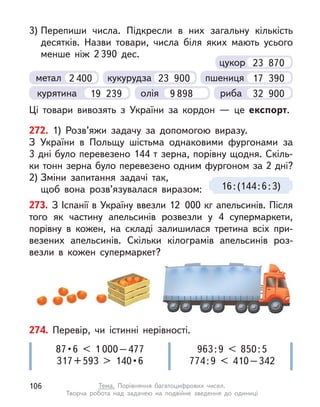 3) Перепиши числа. Підкресли в  них загальну кількість
десятків. Назви товари, числа біля яких мають усього
менше ніж 2 390 дес.
Ці товари вивозять з  України за кордон  — це експорт.
курятина 19 239 олія 9 898
метал 2 400 кукурудза 23 900
риба 32 900
пшениця 17 390
23 870
цукор
272. 1) Розв’яжи задачу за допомогою виразу.
З України в  Польщу шістьма однаковими фургонами за
3 дні було перевезено 144 т зерна, порівну щодня. Скіль-
ки тонн зерна було перевезено одним фургоном за 2 дні?
2) Зміни запитання задачі так,
щоб вона розв’язувалася виразом: 16:(144:6:3)
274. Перевір, чи істинні нерівності.
87 • 6  <  1 000–477
317 + 593  >  140 • 6
963:9 < 850:5
774:9 < 410–342
273. З Іспанії в Україну ввезли 12 000 кг апельсинів. Після
того як частину апельсинів розвезли у  4 супермаркети,
порівну в  кожен, на складі залишилася третина всіх при-
везених апельсинів. Скільки кілограмів апельсинів роз-
везли в  кожен супермаркет?
106 Тема. Порівняння багатоцифрових чисел.
Творча робота над задачею на подвійне зведення до одиниці
 