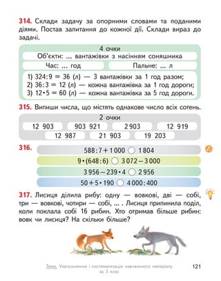 1) 324:9 = 36 (л)  — 3 вантажівки за 1 год разом;
2) 36:3 = 12 (л) — кожна вантажівка за 1 год дороги;
3) 12 • 5 = 60 (л) — кожна вантажівка за 5 год дороги.
Об’єкти: … вантажівки з  насінням соняшника
Час: … год Пальне: … л
4 очки
314. Склади задачу за опорними словами та поданими
діями. Постав запитання до кожної дії. Склади вираз до
задачі.
317. Лисиця ділила рибу: одну  — вовкові, дві  — собі,
три — вовкові, чотири — собі, ... . Лисиця припинила поділ,
коли поклала собі 16 рибин. Хто отримав більше рибин:
вовк чи лисиця? На скільки більше?
12 903 2 903
12 987 21 903 19 203
903 921 12 919
2 очки
315. Випиши числа, що містять однакове число всіх сотень.
316. 588:7+1 000 1 804
3 956 – 239 • 4  2 956
9 • (648 : 6)  3 072–3 000
50 + 5 • 190  4 000:400
121
Тема. Узагальнення і  систематизація навчального матеріалу
за 3 клас
 