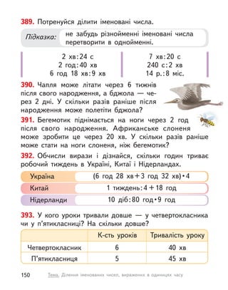 389. Потренуйся ділити іменовані числа.
не забудь різнойменні іменовані числа
перетворити в  однойменні.
Підказка:
2 хв:24 с
2 год:40 хв
6 год 18 хв:9 хв
7 хв:20 с
240 с:2 хв
14 р.:8 міс.
390. Чапля може літати через 6 тижнів
після свого народження, а бджола — че-
рез 2 дні. У  скільки разів раніше після
народження може полетіти бджола?
391. Бегемотик піднімається на ноги через 2 год
після свого народження. Африканське слоненя
може зробити це через 20 хв. У  скільки разів раніше
може стати на ноги слоненя, ніж бегемотик?
393. У  кого уроки тривали довше  — у  четвертокласника
чи у  п’ятикласниці? На скільки довше?
К-сть уроків Тривалість уроку
40 хв
45 хв
6
5
Четвертокласник
П’ятикласниця
392. Обчисли вирази і  дізнайся, скільки годин триває
робочий тиждень в  Україні, Китаї і  Нідерландах.
(6  год  28  хв + 3  год  32  хв) • 4
Україна
1 тиждень:4 +18 год
Китай
10 діб:80 год • 9 год
Нідерланди
150 Тема. Ділення іменованих чисел, виражених в  одиницях часу
 