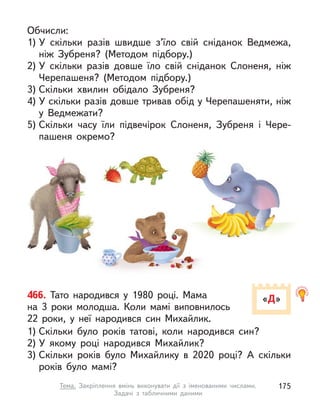 Обчисли:
1) У  скільки разів швидше з’їло свій сніданок Ведмежа,
ніж Зубреня? (Методом підбору.)
2) У  скільки разів довше їло свій сніданок Слоненя, ніж
Черепашеня? (Методом підбору.)
3) Скільки хвилин обідало Зубреня?
4) У скільки разів довше тривав обід у Черепашеняти, ніж
у  Ведмежати?
5) Скільки часу їли підвечірок Слоненя, Зубреня і  Чере-
пашеня окремо?
«Д»
466. Тато народився у  1980 році. Мама
на  3  роки молодша. Коли мамі виповнилось
22  роки, у  неї народився син Михайлик.
1) Скільки було років татові, коли народився син?
2) У  якому році народився Михайлик?
3) Скільки років було Михайлику в  2020 році? А скільки
років було мамі?
175
Тема. Закріплення вмінь виконувати дії з  іменованими числами.
Задачі з  табличними даними
 